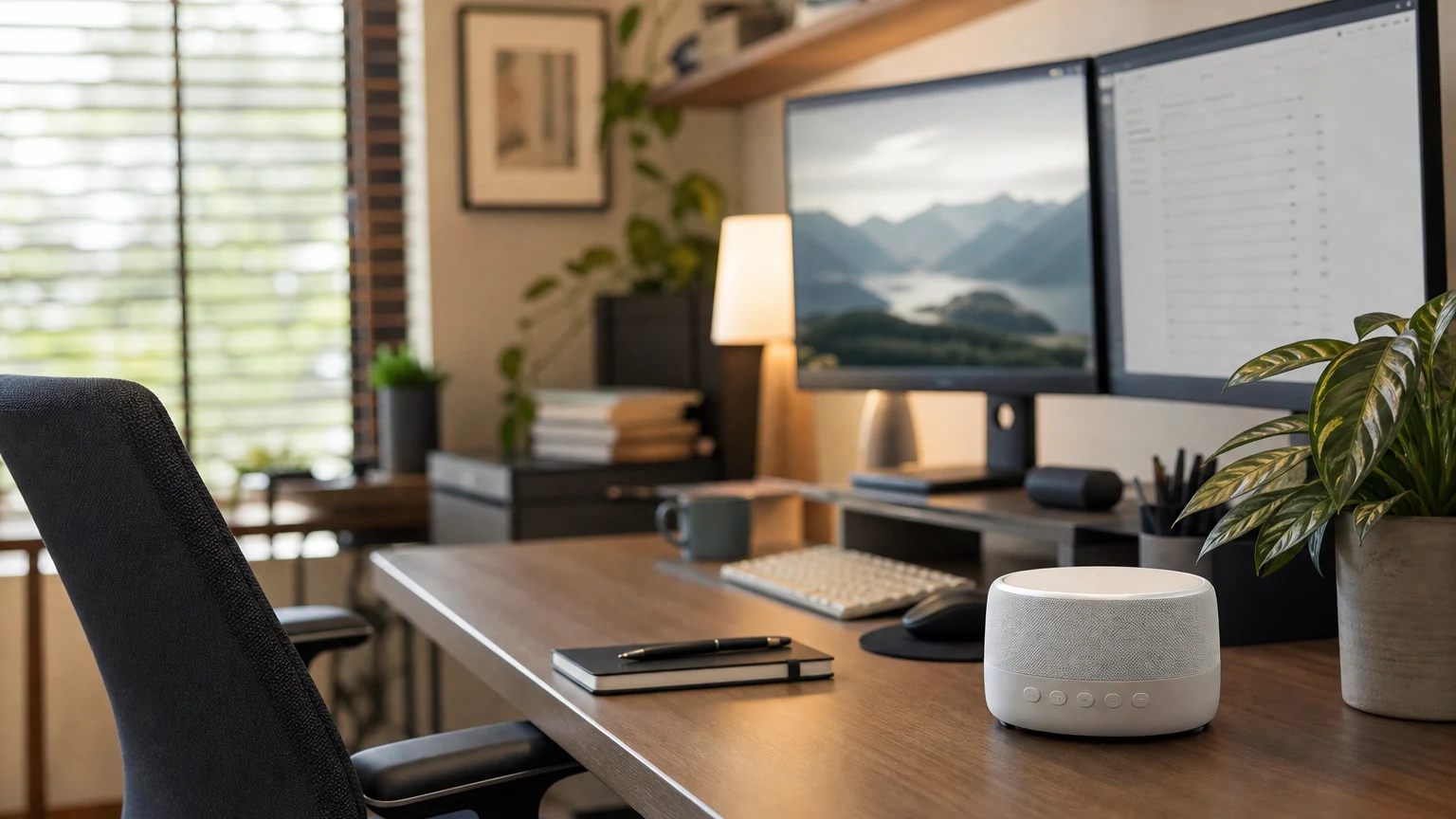 Editorial office scene with white-noise machine in practical setup